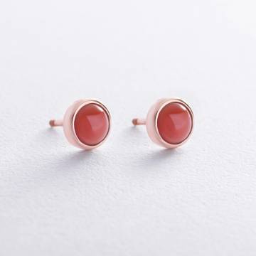 Серьги - пусеты с кораллом (красное золото) с08678 Серьги - пусеты с кораллом (красное золото) с08678