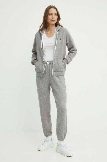 Хлопковая кофта Polo Ralph Lauren женская цвет серый с капюшоном меланж 211935584 Хлопковая кофта Polo Ralph Lauren женская цвет серый с капюшоном меланж 211935584