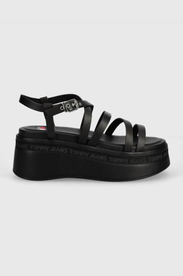 Кожаные сандалии Tommy Jeans TJW STRAPPY WEDGE SANDAL цвет чёрный EN0EN02516 Кожаные сандалии Tommy Jeans TJW STRAPPY WEDGE SANDAL цвет чёрный EN0EN02516