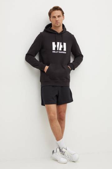 Хлопковая кофта Helly Hansen мужская цвет чёрный с капюшоном с аппликацией 33977-597 Хлопковая кофта Helly Hansen мужская цвет чёрный с капюшоном с аппликацией 33977-597
