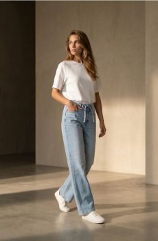 Джинси wide leg з ефектом прання - синій