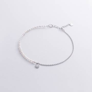 Серебряный браслет на ногу (культ. пресн. жемчуг, фианиты) 905-01603 Серебряный браслет на ногу (культ. пресн. жемчуг, фианиты) 905-01603