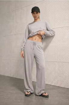 Коротка кофта crewneck з декоративними люверсами - сірий