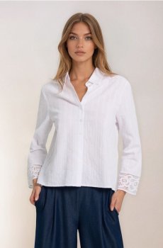 Текстурована бавовняна сорочка з мереживними манжетами - білий
