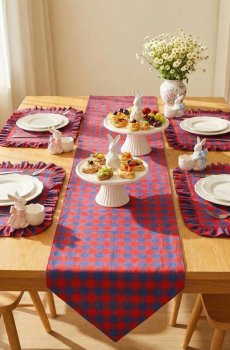 Червоний-синій ранер з принтом у клітинку 150х40 см