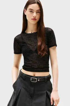 Женская черная футболка с узором TJW SLIM SCRIPT AOP MESH SS Черный S Tommy Jeans DW0DW20925