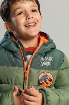 Квітована куртка puffer з капюшоном Jurrasic Park - пильно-зелений