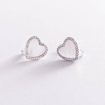 Серебряные серьги "Сердечки" (фианиты, перламурт) 122005 Серебряные серьги "Сердечки" (фианиты, перламурт) 122005