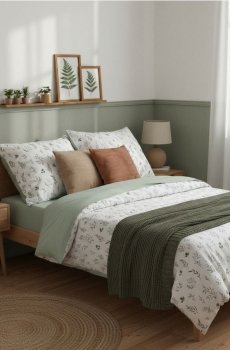 Комплект двосторонньої постільної білизни з рослинним візерунком - блідо-зелений