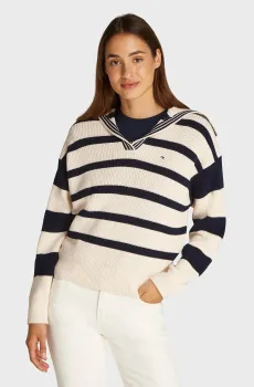 Женский пуловер в полоску CO CARDI STITCH OPEN POLO SWT LS Разноцветный S Tommy Hilfiger WW0WW44451