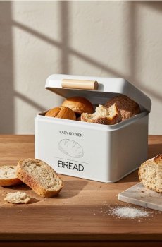 Сталевий хлібник з принтом і кришкою - білий