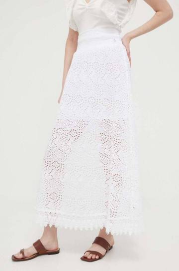 Хлопковая юбка Guess цвет белый maxi расклешённая Хлопковая юбка Guess цвет белый maxi расклешённая
