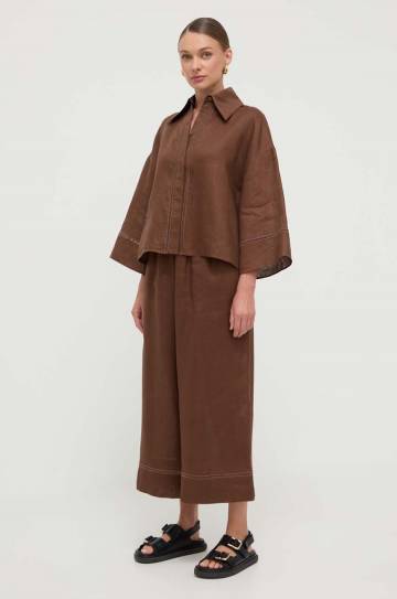 Льняные брюки Max Mara Leisure цвет коричневый широкие высокая посадка Льняные брюки Max Mara Leisure цвет коричневый широкие высокая посадка