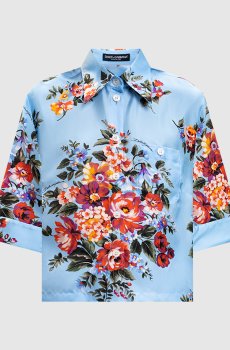 Голубая блузка из шелка в цветочный принт