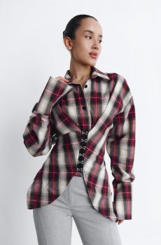 Бордова картата сорочка асиметричного крою на гачках