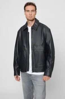 Мужская темно-синяя кожаная куртка Синий 48 BOSS 50540931;404