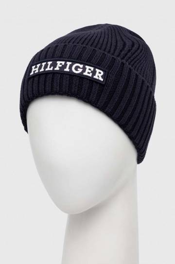 Шапка с примесью шерсти Tommy Hilfiger цвет синий из толстого трикотажа Шапка с примесью шерсти Tommy Hilfiger цвет синий из толстого трикотажа