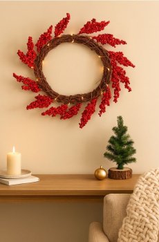 Різдвяний декоративний вінок з LED-вогниками - червоний