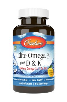 Омега-3 Carlson Labs Elite Omega-3 Plus D & K с витаминами D и K, со вкусом лимона, 60 гелевых капсул