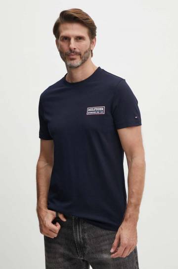 Хлопковая футболка Tommy Hilfiger мужская цвет синий с принтом MW0MW35465 Хлопковая футболка Tommy Hilfiger мужская цвет синий с принтом MW0MW35465