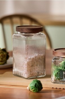 Скляна банка для їжі з дерев’яною кришкою - clear