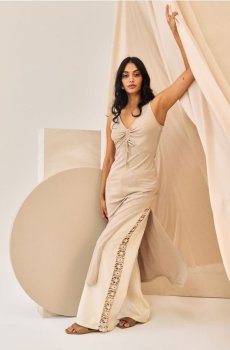 Джинси wide leg із середньою посадкою та ажурним оздобленням штанини - нюдовий