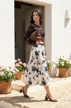 Віскозна міді спідниця з квітковим візерунком і поясом - різнобарвний