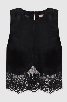 Черный топ из льна с кружевом