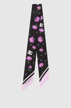 Черная лента твили из шелка в цветочный принт