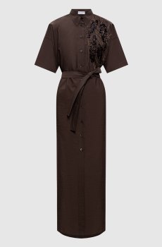 Коричневое платье-рубашка с вышивкой с пайетками