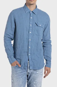 Мужская синяя льняная рубашка Синий XXL Replay M4082B.000.81388B
