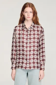 Женская шелковая блуза с узором Разноцветный S Sandro SFPCM01633_Marron - Bleu