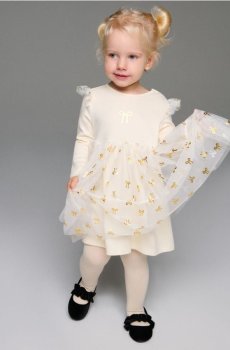 Сукня з тюлем та блискучим принтом - кремовий