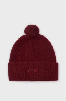 Женская бордовая шерстяная шапка CK EMBROIDERY AIRY POMPOM BEANIE Бордовый ONESIZE Calvin Klein K60K612586