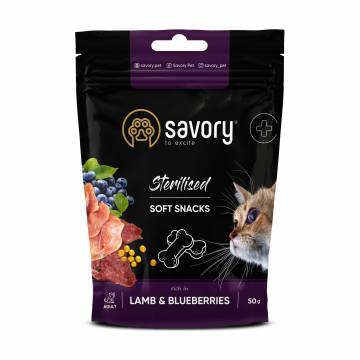 Мягкое лакомство для здоровья стерилизованных кошек Savory Sterilised Soft Snack Lamb & Blueberries с ягненком и черникой, 50 г Мягкое лакомство для здоровья стерилизованных кошек Savory Sterilised Soft Snack Lamb & Blueberries с ягненком и черникой, 50 г