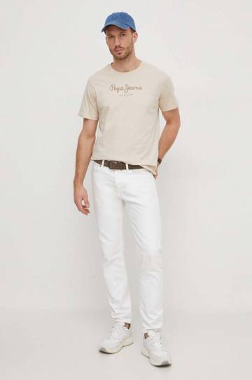 Хлопковая футболка Pepe Jeans Eggo N мужская цвет бежевый с принтом PM508208 Хлопковая футболка Pepe Jeans Eggo N мужская цвет бежевый с принтом PM508208