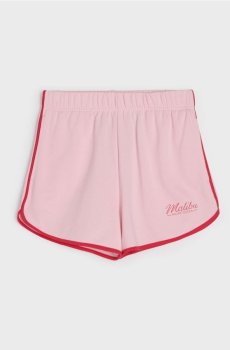 Трикотажні шорти з контрастною окантовкою та написом "Malibu" - пастельний рожевий