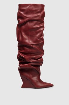Бордовые кожаные ботфорты с драпировкой