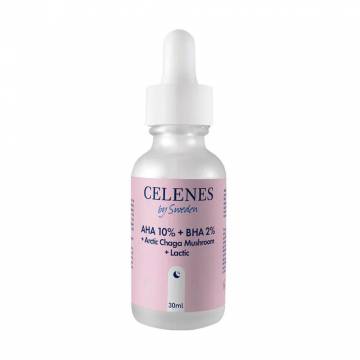 Пилинг-сыворотка для лица Celenes с кислотами AHA 10%, BHA 2%, молочной и арктического гриба чага, 30 мл Пилинг-сыворотка для лица Celenes с кислотами AHA 10%, BHA 2%, молочной и арктического гриба чага, 30 мл