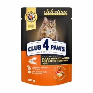 Влажный корм для взрослых кошек Club 4 Paws Premium Selection с селедкой и салакой в желе, 80 г Влажный корм для взрослых кошек Club 4 Paws Premium Selection с селедкой и салакой в желе, 80 г