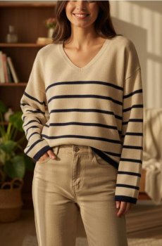 Смугастий Светр із V-Подібним Вирізом - бежевий