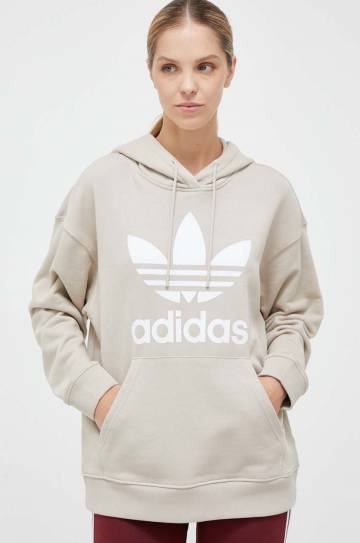 Хлопковая кофта adidas Originals женская цвет бежевый с капюшоном с принтом Хлопковая кофта adidas Originals женская цвет бежевый с капюшоном с принтом