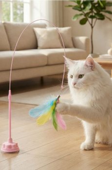Вудка для кота з пір’ям на присосці - різнобарвний