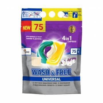 Капсулы для стирки Wash & Free Universal 4in1 Capsule Жасмин и лаванда с марсельским мылом, 75 стирок, 75 шт Капсулы для стирки Wash & Free Universal 4in1 Capsule Жасмин и лаванда с марсельским мылом, 75 стирок, 75 шт