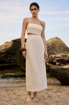 Лляний комплект із топа і спідниці максі з вирізом