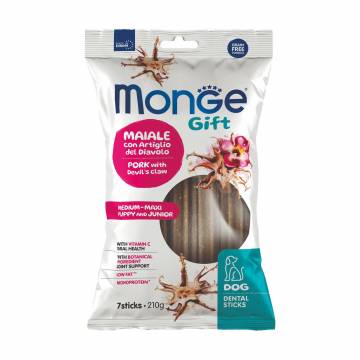 Лакомство для щенков Monge Gift Puppy & Junior Medium & Maxi Dog Dental Sticks со вкусом свинины с корнем когтя дьявола, 210 г Лакомство для щенков Monge Gift Puppy & Junior Medium & Maxi Dog Dental Sticks со вкусом свинины с корнем когтя дьявола, 210 г