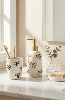 Керамічний набір для ванної кімнати з мотивом бантиків 2 pack - бежевий