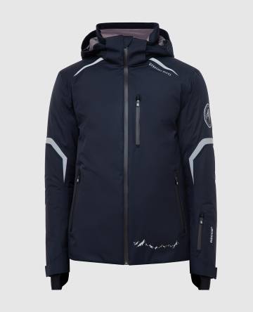 Синяя горнолыжная пуховая курточка с логотипом