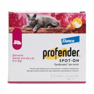 Капли на холку для кошек Elanco Profender против круглых и стрижковых гельминтов, от 5 до 8 кг, 2*1.12 мл