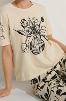 Бавовняна двочастинна піжама з принтом - кремовий